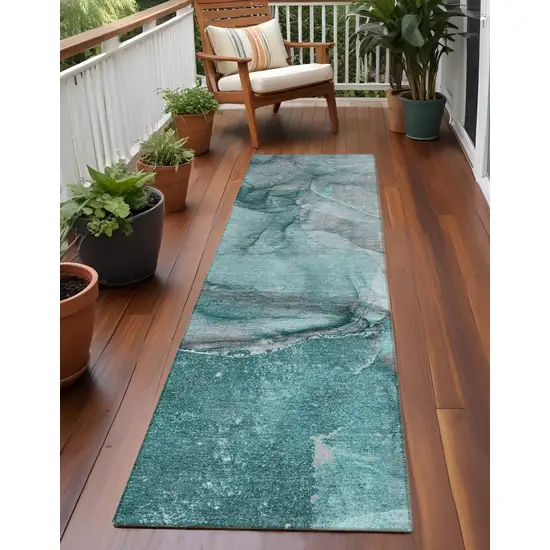 Teal Abstract Washable Indoor Outdoor Runner Rug Photo 1