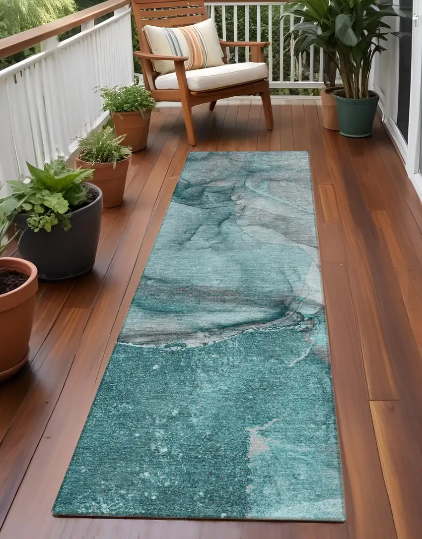 Teal Abstract Washable Indoor Outdoor Runner Rug Photo 1