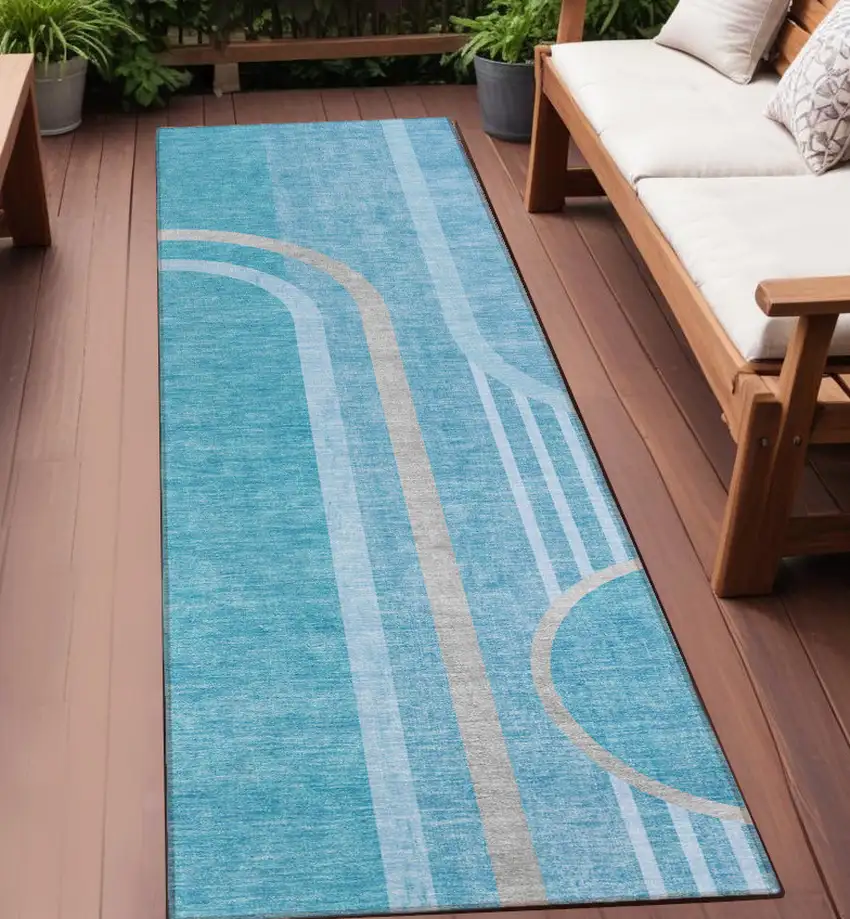Teal Abstract Washable Indoor Outdoor Runner Rug Photo 1