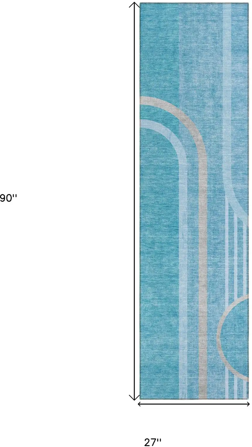 8' Runner Teal Abstract Washable Non Skid Indoor Outdoor Runner Rug Photo 8