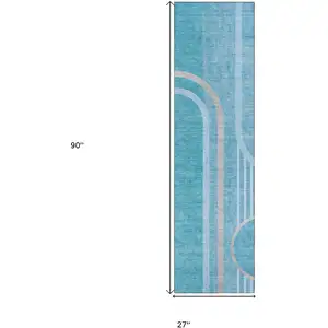 Photo of 8' Runner Teal Abstract Washable Non Skid Indoor Outdoor Runner Rug