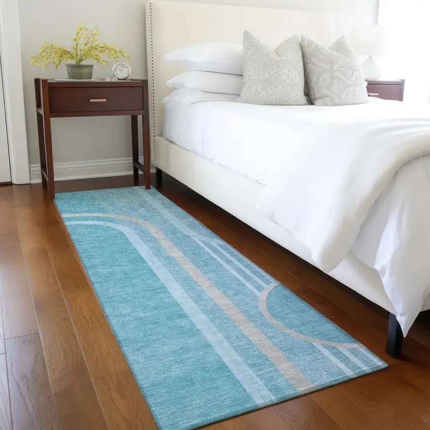 Teal Abstract Washable Indoor Outdoor Runner Rug Photo 7