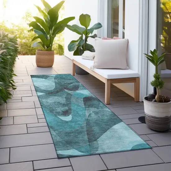 Teal Abstract Washable Non Skid Indoor Outdoor Runner Rug Photo 8
