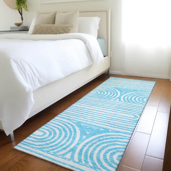 Teal and White Abstract Washable Non Skid Indoor Outdoor Area Rug Photo 7