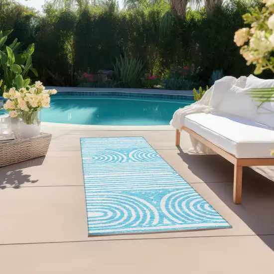 Teal and White Abstract Washable Non Skid Indoor Outdoor Area Rug Photo 6