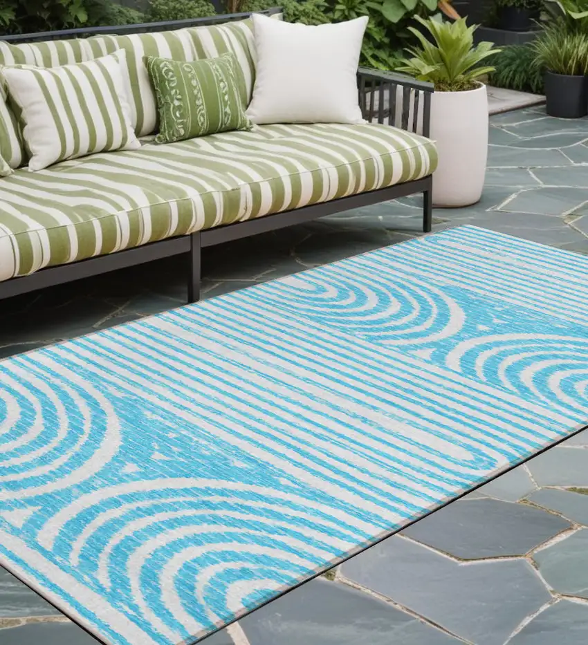 Teal and White Abstract Washable Non Skid Indoor Outdoor Area Rug Photo 1