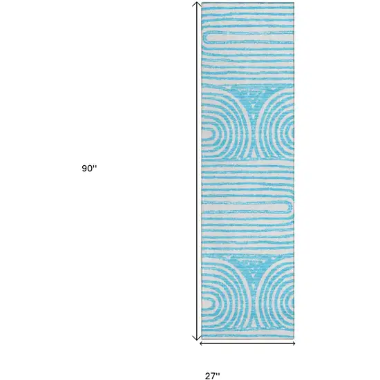 Teal and White Abstract Washable Non Skid Indoor Outdoor Area Rug Photo 3
