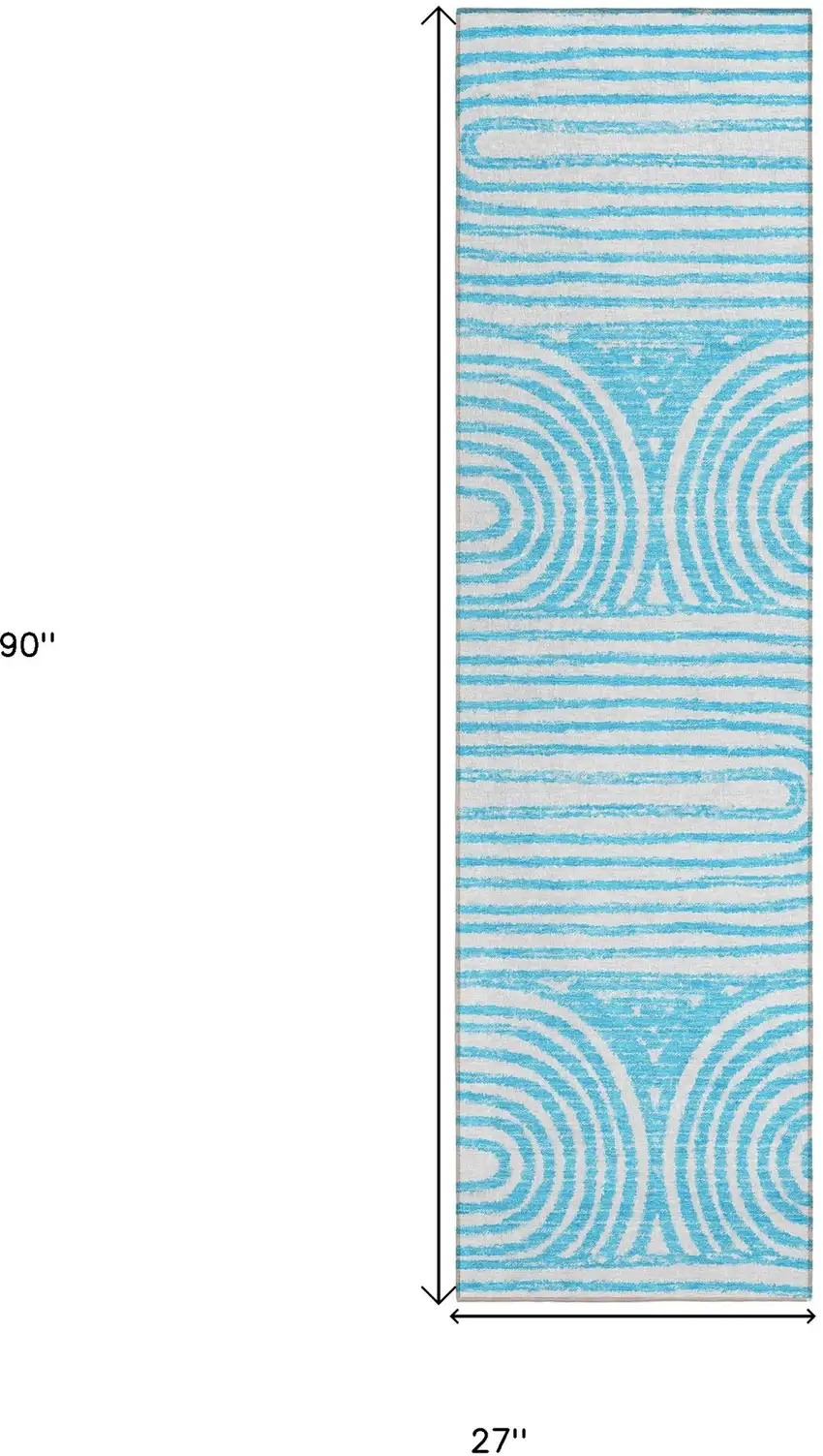 Teal and White Abstract Washable Non Skid Indoor Outdoor Area Rug Photo 3