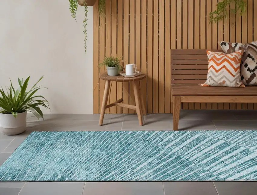 Teal Abstract Washable Non Skid Indoor Outdoor Runner Rug Photo 1