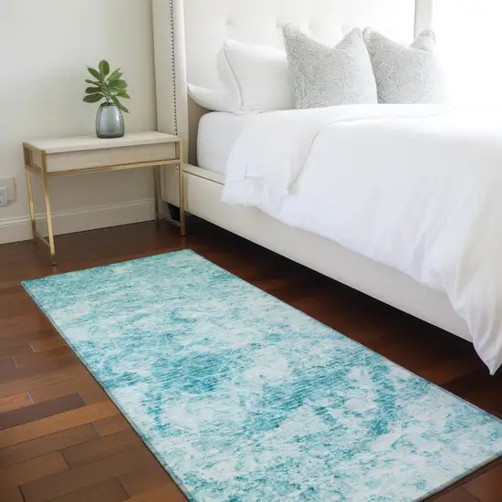 Teal Abstract Washable Non Skid Indoor Outdoor Runner Rug Photo 9
