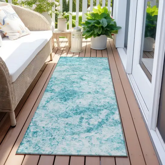 Teal Abstract Washable Non Skid Indoor Outdoor Runner Rug Photo 8