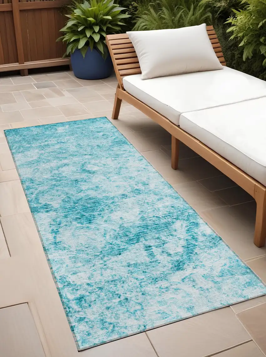 8' Runner Teal Abstract Washable Non Skid Indoor Outdoor Runner Rug Photo 1