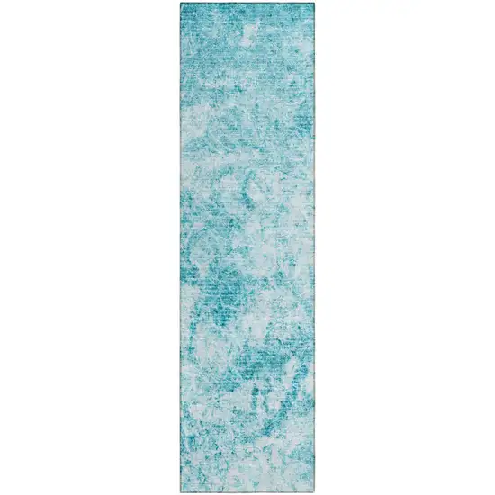 8' Runner Teal Abstract Washable Non Skid Indoor Outdoor Runner Rug Photo 2