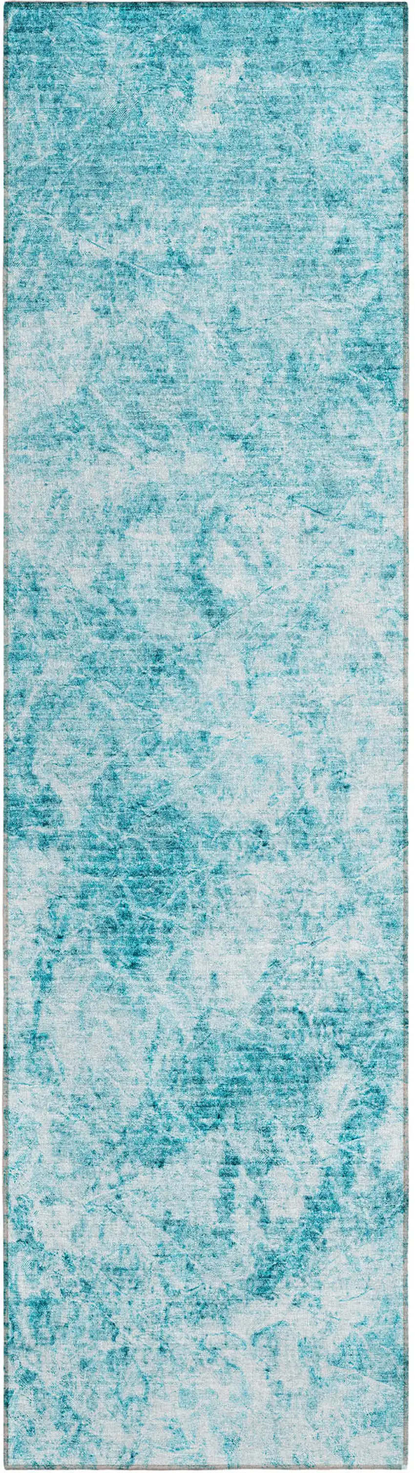 8' Runner Teal Abstract Washable Non Skid Indoor Outdoor Runner Rug Photo 2