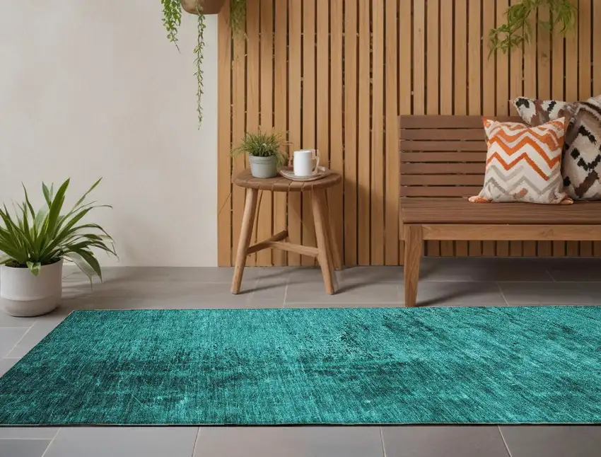 Teal Abstract Washable Non Skid Indoor Outdoor Runner Rug Photo 1