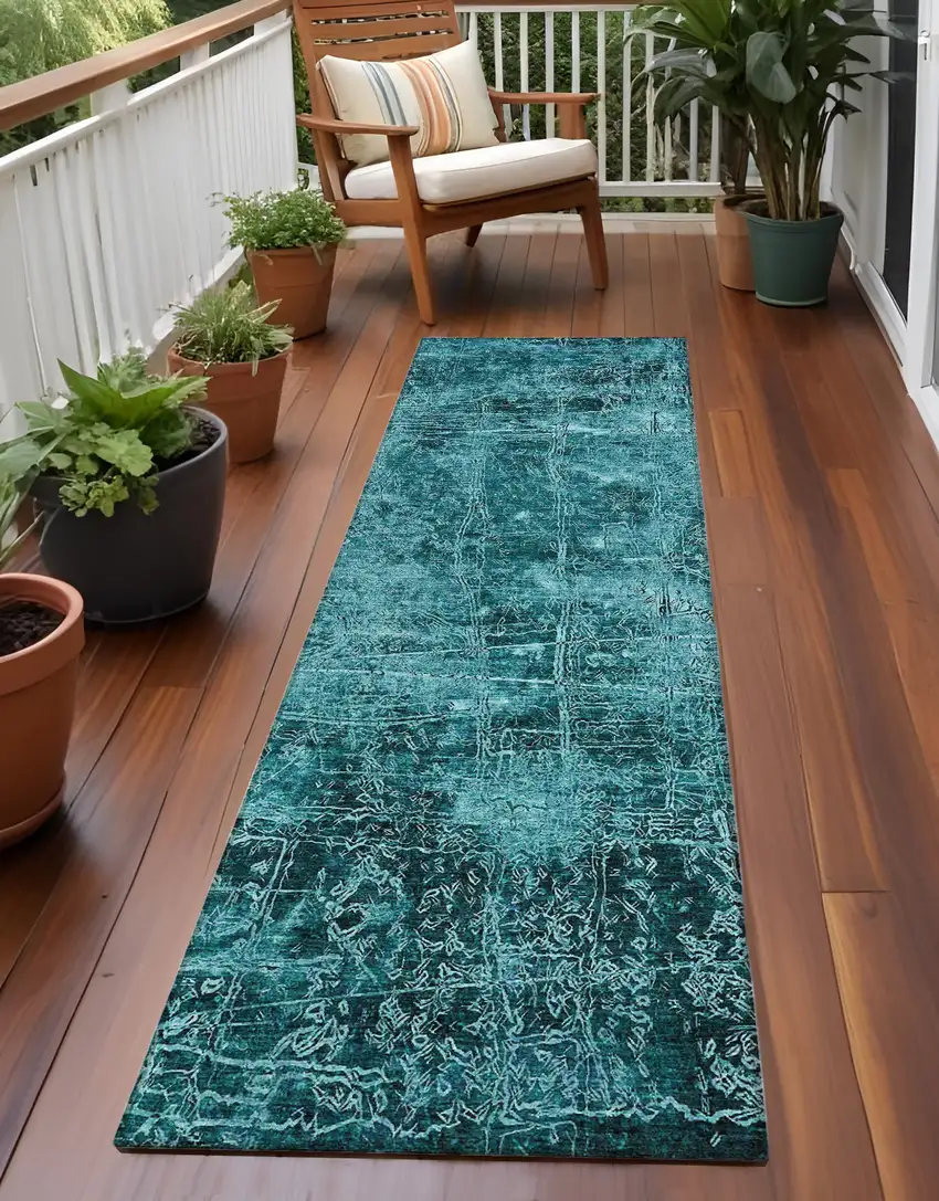 Teal Abstract Washable Non Skid Indoor Outdoor Runner Rug Photo 1