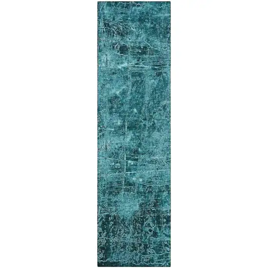 8' Runner Teal Abstract Washable Non Skid Indoor Outdoor Runner Rug Photo 4