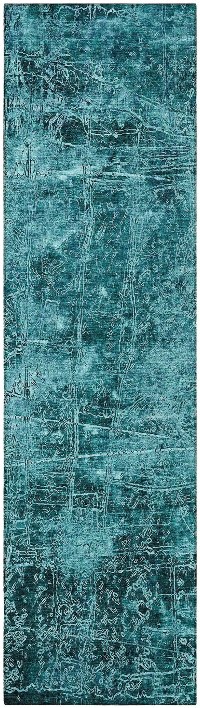 8' Runner Teal Abstract Washable Non Skid Indoor Outdoor Runner Rug Photo 4