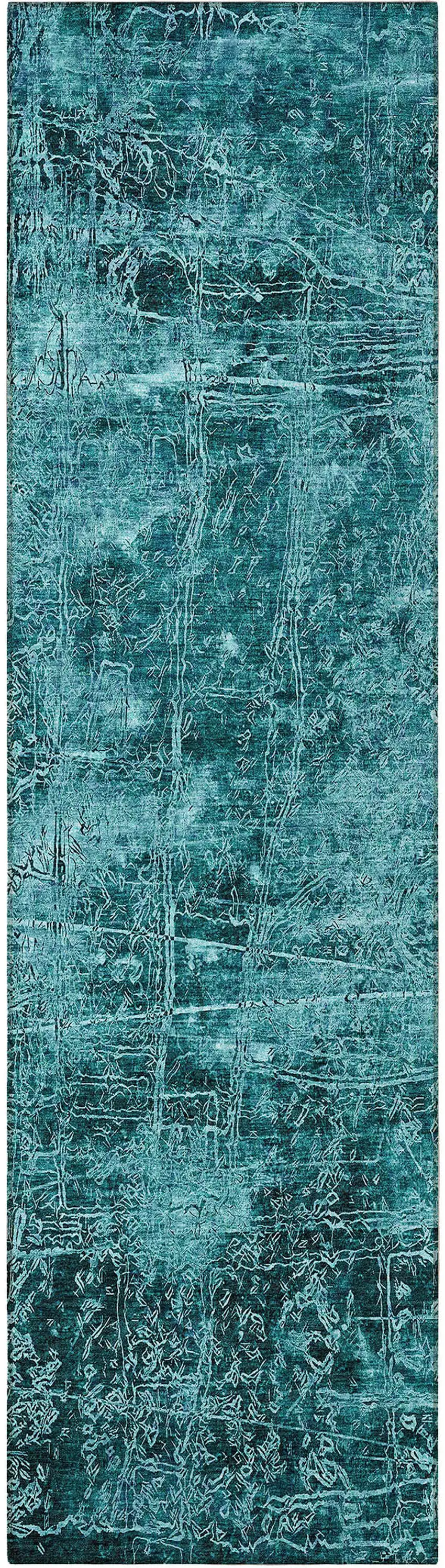 8' Runner Teal Abstract Washable Non Skid Indoor Outdoor Runner Rug Photo 4