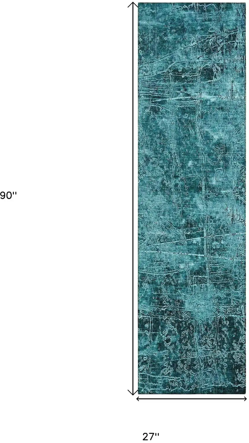 Teal Abstract Washable Non Skid Indoor Outdoor Runner Rug Photo 3