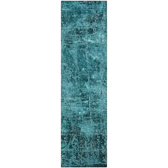 8' Runner Teal Abstract Washable Non Skid Indoor Outdoor Runner Rug Photo 2