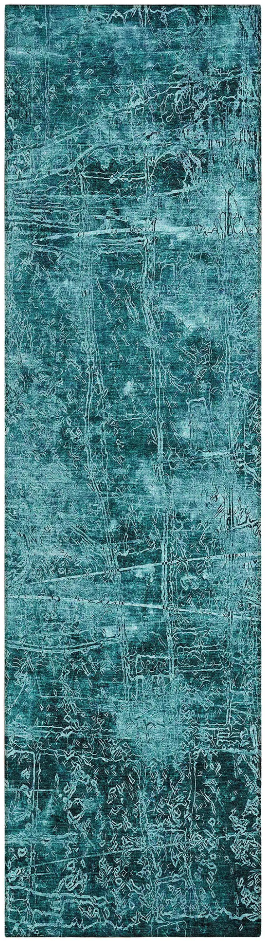 8' Runner Teal Abstract Washable Non Skid Indoor Outdoor Runner Rug Photo 2