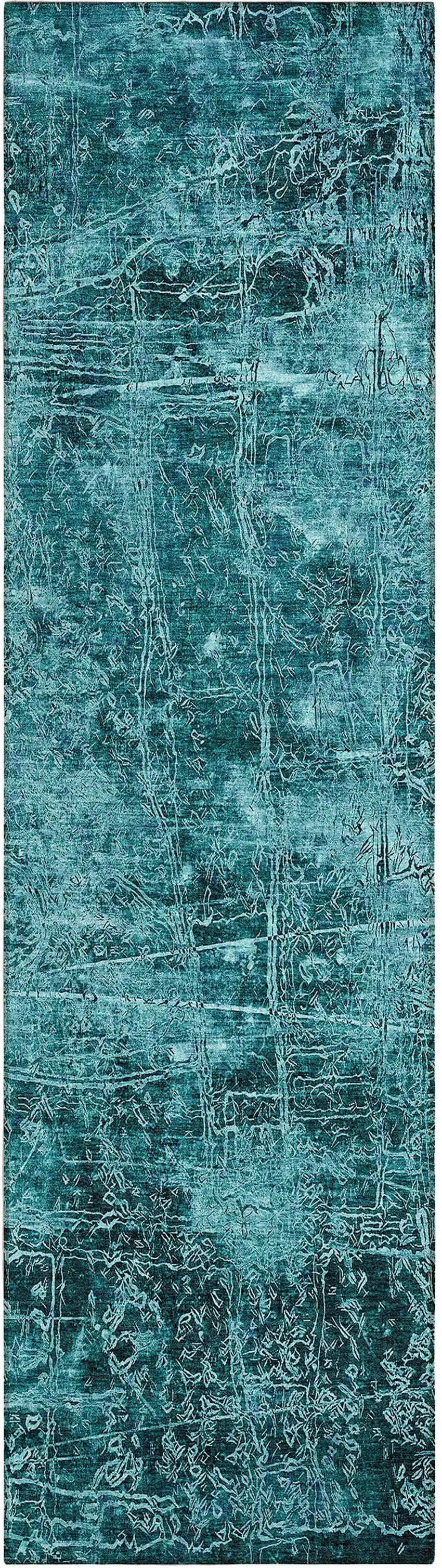 8' Runner Teal Abstract Washable Non Skid Indoor Outdoor Runner Rug Photo 2