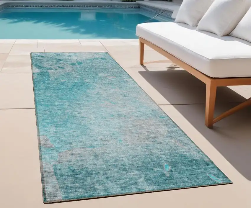 Teal Abstract Washable Non Skid Indoor Outdoor Runner Rug Photo 1