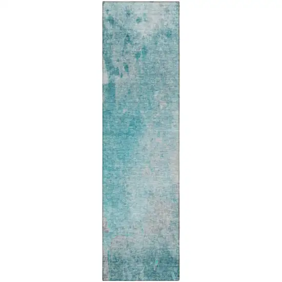 8' Runner Teal Abstract Washable Non Skid Indoor Outdoor Runner Rug Photo 2