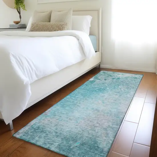Teal Abstract Washable Non Skid Indoor Outdoor Runner Rug Photo 9