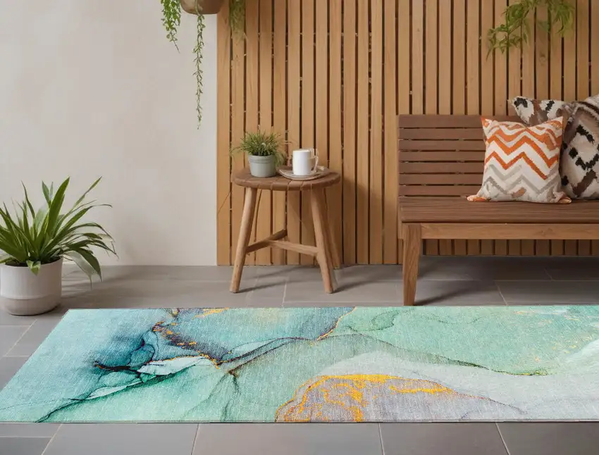 8' Runner Teal Abstract Washable Non Skid Indoor Outdoor Runner Rug Photo 1