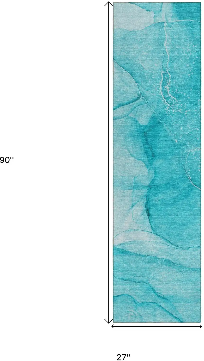 8' Runner Teal Abstract Washable Non Skid Indoor Outdoor Runner Rug Photo 3