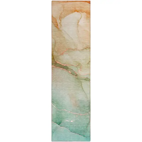 8' Runner Teal Abstract Washable Non Skid Indoor Outdoor Runner Rug Photo 2