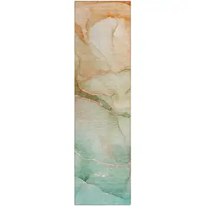 Photo of 8' Runner Teal Abstract Washable Non Skid Indoor Outdoor Runner Rug