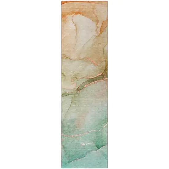8' Runner Teal Abstract Washable Non Skid Indoor Outdoor Runner Rug Photo 4