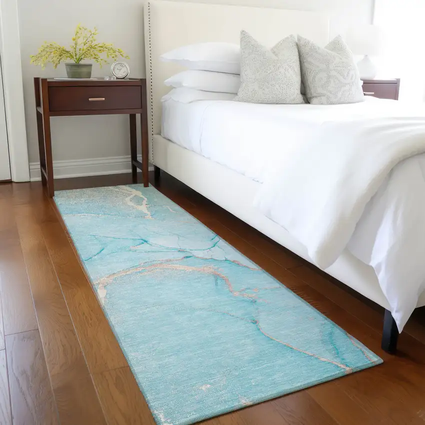 Teal Abstract Washable Non Skid Indoor Outdoor Runner Rug Photo 9