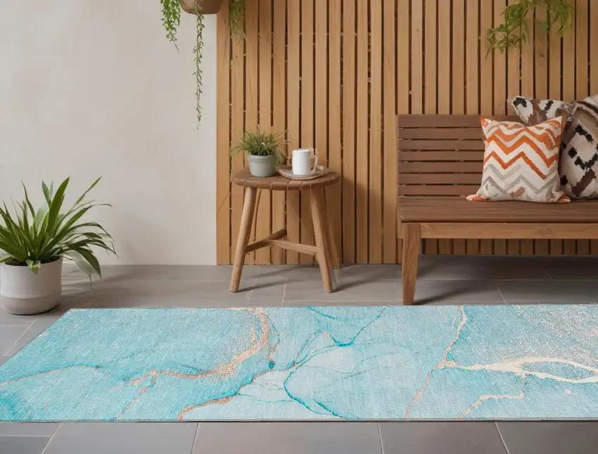 8' Runner Teal Abstract Washable Non Skid Indoor Outdoor Runner Rug Photo 1