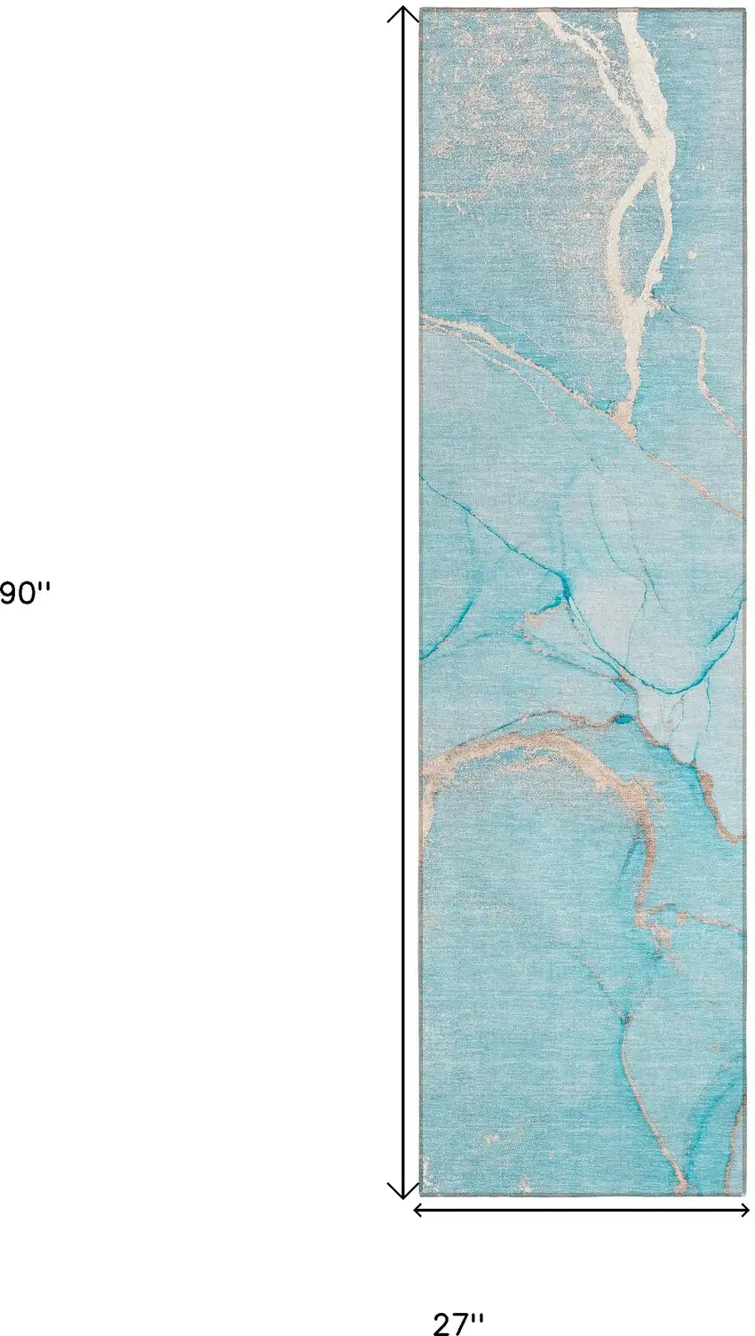 8' Runner Teal Abstract Washable Non Skid Indoor Outdoor Runner Rug Photo 3