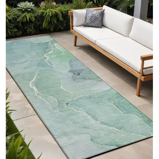 Teal Abstract Washable Non Skid Indoor Outdoor Runner Rug Photo 1