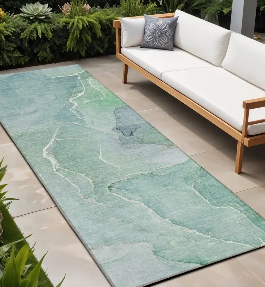 Teal Abstract Washable Non Skid Indoor Outdoor Runner Rug Photo 1