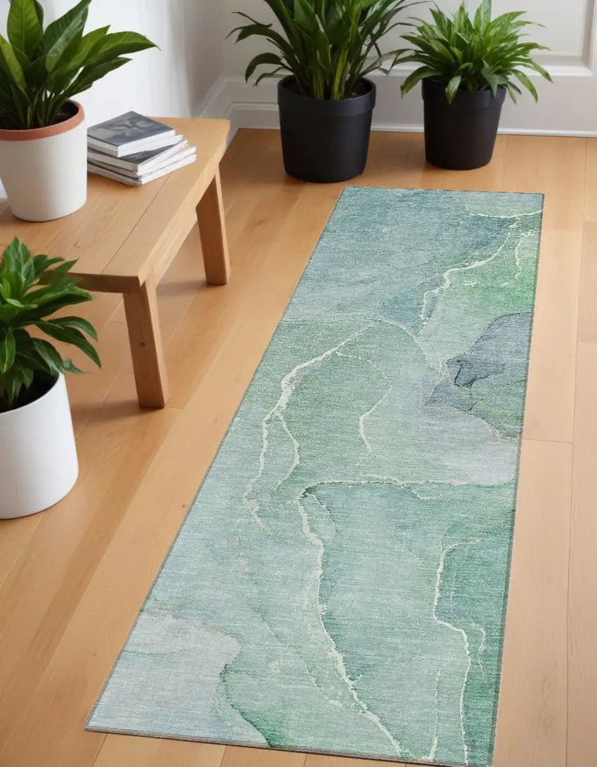 Teal Abstract Washable Non Skid Indoor Outdoor Runner Rug Photo 1
