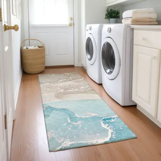 Teal Abstract Washable Non Skid Indoor Outdoor Runner Rug Photo 9