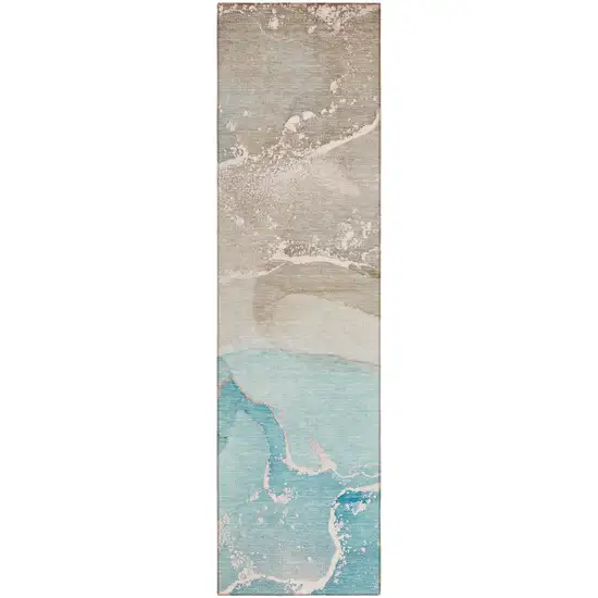 Teal Abstract Washable Non Skid Indoor Outdoor Runner Rug Photo 2