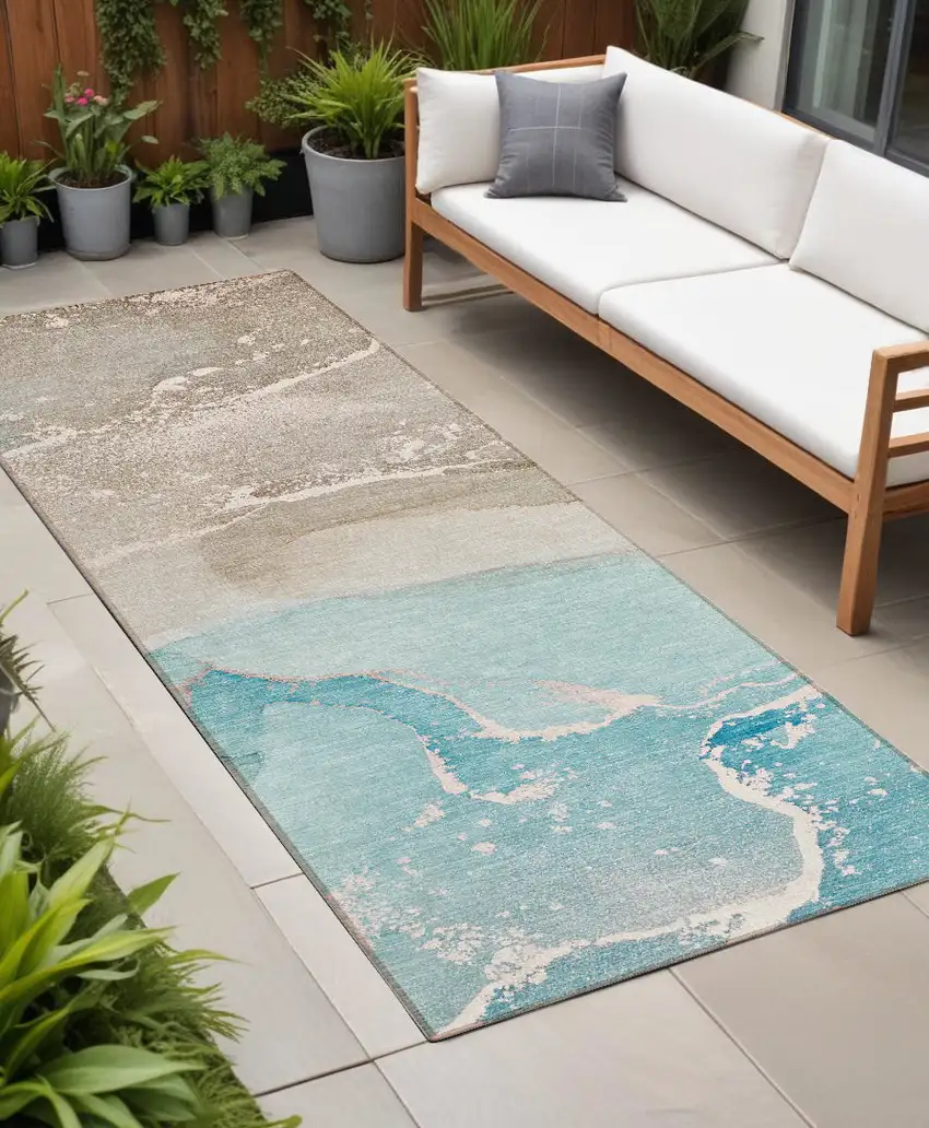 Teal Abstract Washable Non Skid Indoor Outdoor Runner Rug Photo 1