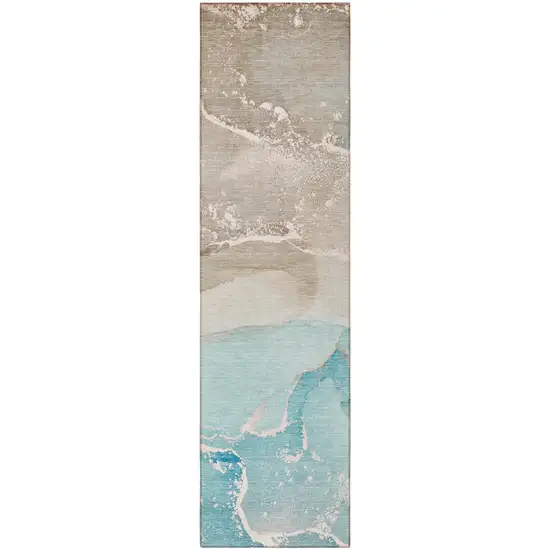 Teal Abstract Washable Non Skid Indoor Outdoor Runner Rug Photo 5