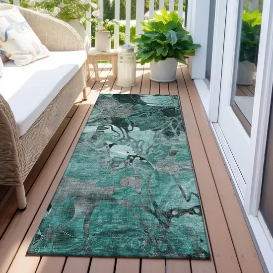 Teal Black and Gray Abstract Washable Indoor Outdoor Runner Rug Photo 6