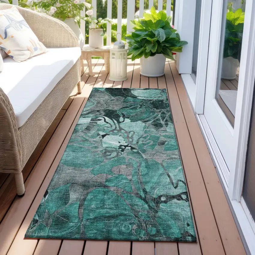 Teal Black and Gray Abstract Washable Indoor Outdoor Runner Rug Photo 6