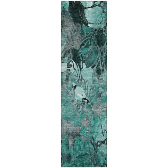 Teal Black and Gray Abstract Washable Indoor Outdoor Runner Rug Photo 2