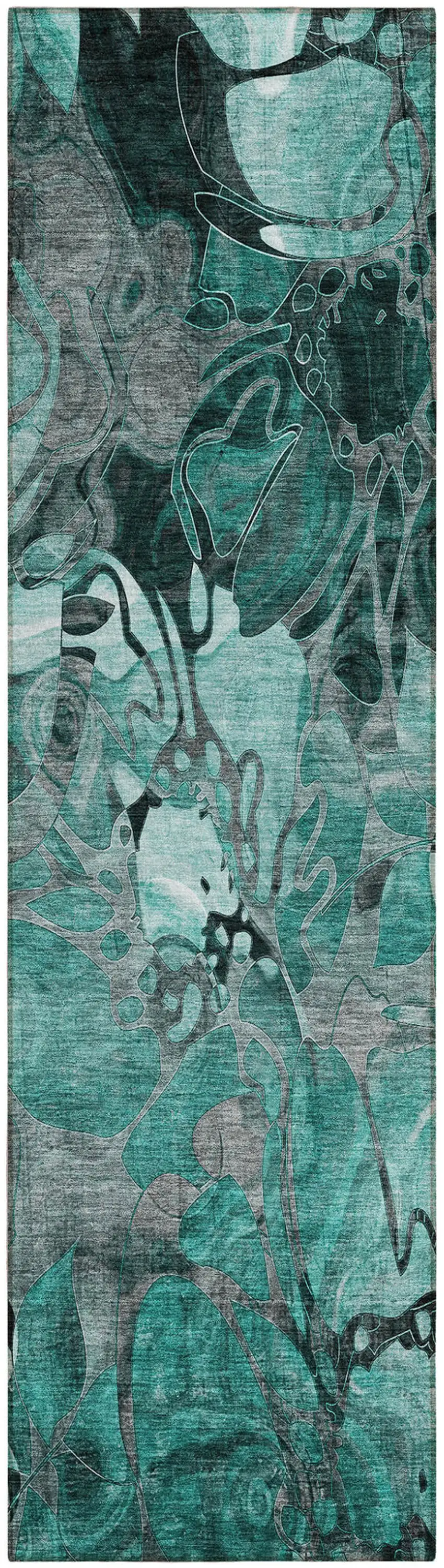Teal Black and Gray Abstract Washable Indoor Outdoor Runner Rug Photo 2