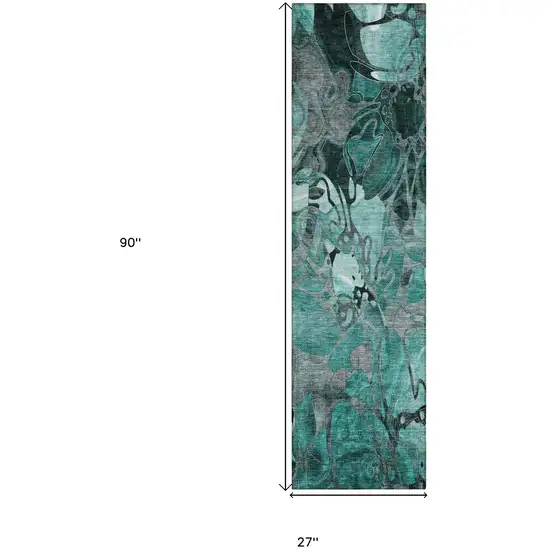 Teal Black and Gray Abstract Washable Indoor Outdoor Runner Rug Photo 3